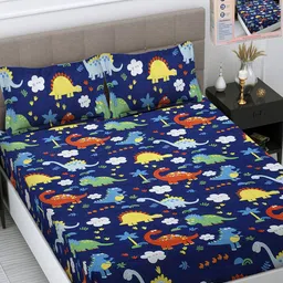 FABINALIV Blue & White Cartoon Characters 300 TC King Bedsheet with 2 Pillow Covers image 2