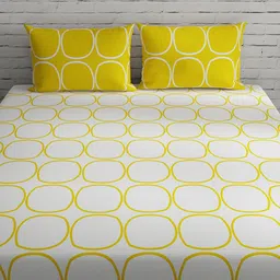Huesland White & Mustard Geometric 144 TC Double Queen Bedsheet with 2 Pillow Covers image 2