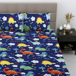 FABINALIV Blue & White Cartoon Characters 300 TC King Bedsheet with 2 Pillow Covers image 1