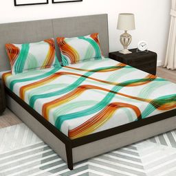 Story@home White & Orange Abstract 180 TC Flat Queen Bedsheet with 2 Pillow Covers-picture-27