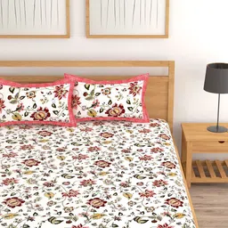 Lali Prints White & Pink Printed Cotton 250 TC King Bedsheet with 2 Pillow Covers image 5
