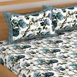 Lali Prints White & Blue Printed Cotton 250 TC King Bedsheet with 2 Pillow Covers image 4