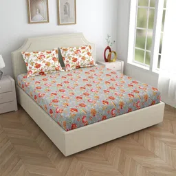 Salona Bichona Grey & Green Printed 144 TC Pure Cotton King Bedsheet & 2 Pillow Covers image 1