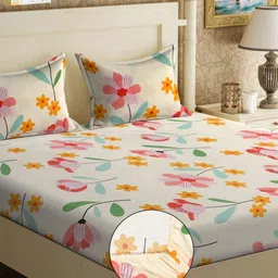KLOTTHE Cream & Red Floral Printed 300 TC Fitted Double King Bedsheet With 2 Pillow Covers image 1
