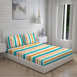 Layers Orange & White Striped 250 TC King Bedsheet with 2 Pillow Covers-picture-11
