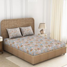SPACES Mustard & Grey Ethnic Motifs 144 TC King Cotton Bedsheet with 2 Pillow Covers-picture-38