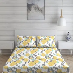 Layers Yellow & Grey Floral 250 TC King Bedsheet with 2 Pillow Covers image 1