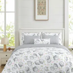 Salona Bichona Grey & White Floral Cotton 144 TC King Bedsheet with 2 Pillow Covers image 1