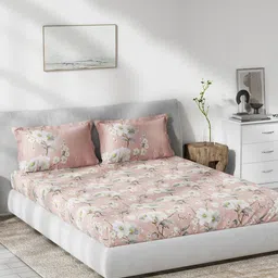 DDecor Pink & White Floral 140 TC Cotton King Bedsheet with 2 Pillow Covers image 1