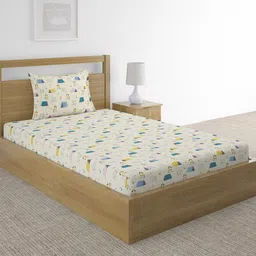 Fabindia Beige & Blue Conversational 180 TC Queen Bedsheet with Pillow Covers-picture-20