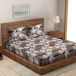 MODEFE Brown & White Floral Microfiber 144 TC Queen Bedsheet With 2 Pillow Covers-picture-39