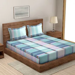 MODEFE Green & Blue Geometric Microfiber 144 TC Queen Bedsheet with 2 Pillow Covers-picture-15