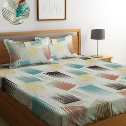 KLOTTHE White & Blue 300 TC Fitted King Bedsheet with 2 Pillow Covers-picture-16