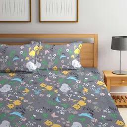 KLOTTHE Grey & Yellow Printed 300 TC Fitted Double Bedsheet With 2 Pillow Covers image 2