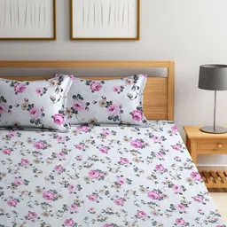 FABINALIV White & Pink Printed 300 TC Fitted King Bedsheet with 2 Pillow Covers image 2
