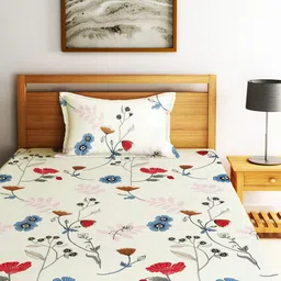 Home Sizzler White & Red Floral Microfibre 210 TC Single Bedsheet With 1 Pillow Cover image 2