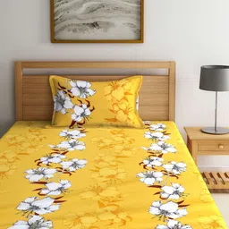 Arrabi Yellow & White Floral 300 TC Single Bedsheet with 1 Pillow Covers image 3
