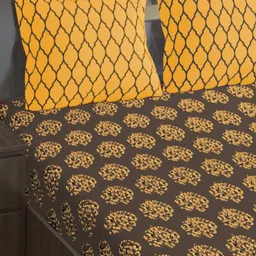 Trance Home Linen Damask & Dori - Warm Grey Mustard Yellow 200 TC King Flat Bedsheet with 2 Pillow Covers image 2