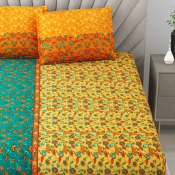 Salona Bichona Turquoise Blue & Yellow Floral 120 TC Queen Bedsheet with 2 Pillow Covers image 3