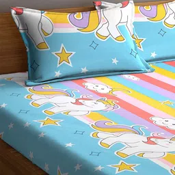 KLOTTHE Blue & Pink Printed 300 TC Double King Fitted Bedsheet With 2 Pillow Covers image 3