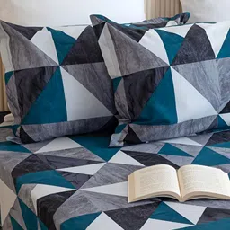 HOMEMONDE Grey & White Geometric Cotton Fitted 210 TC Single Bedsheet With 2 Pillow Covers image 5