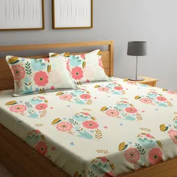 KLOTTHE White & Pink Printed 300 TC Double King Fitted Bedsheet With 2 Pillow Covers-image-21