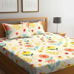 KLOTTHE White & Yellow Printed 300 TC Double King Fitted Bedsheet With 2 Pillow Covers-picture-36