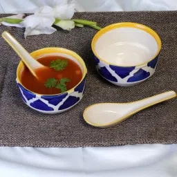 freakway (Set of 2) 350ml Umrao Pattern Ceramic Soup Bowl with Spoon (Blue) image 1