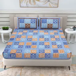 patricko Blue Traditional 144 TC Cotton Double Queen Bedsheet With 2 Pillow Covers image 1