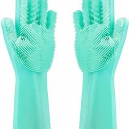 netclub Silicone Kitchen Magic Gloves for Dishwashing Rubber Dish Washing with Brush Cleaning Scrubber – 1 Pair Multicolor Wet and Dry Disposable Glove-picture-20