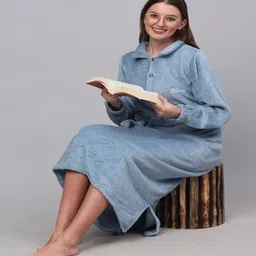 Blue Solid Woolen Women Bath Robe With Belt (XL) By Klotthe image 4