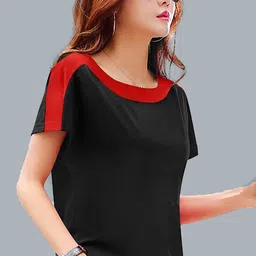 base 41 Women Solid Round Neck Cotton Blend Black T-Shirt image 3