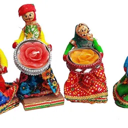 dkcraft Handmade Recycled Material Puppet Diyas Rajasthani Dolls Tealight/Diya/Diwali Diya/Idol Diyas Holders Gift for Diwali, MulticolOR 4PC SET Candle image 2