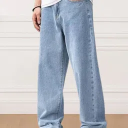 Men Straight Fit Mid Rise Light Blue Jeans-image-0