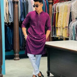 kurtaformen Men Chikan Embroidery Cotton Rayon Straight Kurta-picture-13