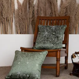 belihode Pack of 2 Green Floral Velvet Embroidered Cushion Cover 16x16 inches-picture-28