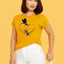 mast & harbour Women Printed Round Neck Polyester Yellow T-Shirt image 1