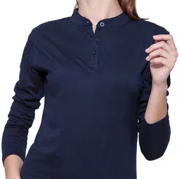 ap'pulse Women Solid Mandarin Collar Pure Cotton Dark Blue T-Shirt-picture-17