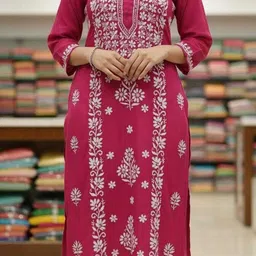 lucknowi chikan craft Women Floral Print, Chikan Embroidery, Embroidered Cotton Rayon Straight Kurta-picture-12