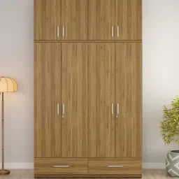 spacewood Kosmo Linden Solid Wood 4 Door Wardrobe With Loft In Natural Teak Finish With Locker & Drawer image 1