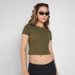 people Women Self Design Round Neck Cotton Blend Green T-Shirt-picture-15