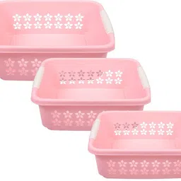 homestic Plastic Rectangle Shape Plastic Storage Basket, Storage Organizer Pack of 3 (Pink) Storage Basket-picture-21