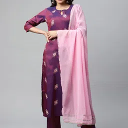 V TRADITION Women Purple Floral Embroidered Kurta with Palazzos & With Dupatta-picture-12