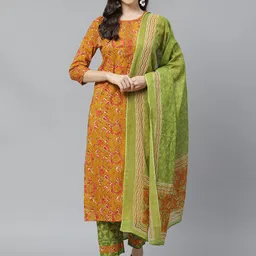 Yuris Women Mustard & Green Pure Cotton Printed Kurta with Palazzos & Dupatta-image-28