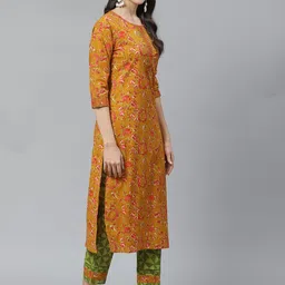 Yuris Women Mustard & Green Pure Cotton Printed Kurta with Palazzos & Dupatta image 2