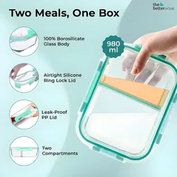 the better home 2-Compartment Glass Lunch Box Set|Microwave Safe|Airtight Tiffin Container,1Pcs 1 Containers Lunch Box image 2
