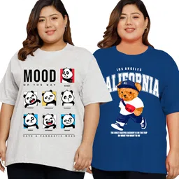 elite soul Pack of 2 Women Printed Round Neck Cotton Blend Multicolor T-Shirt image 1