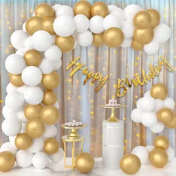 ttimmo4 White and Golden with Net Curtain Happy Birthday Decoration Kit Combo image 1