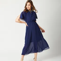 dressberry Women Gathered Dark Blue Maxi/Full Length Dress-picture-13