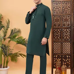 adhirajan Men Embroidered, Solid Pure Cotton Straight Kurta image 4